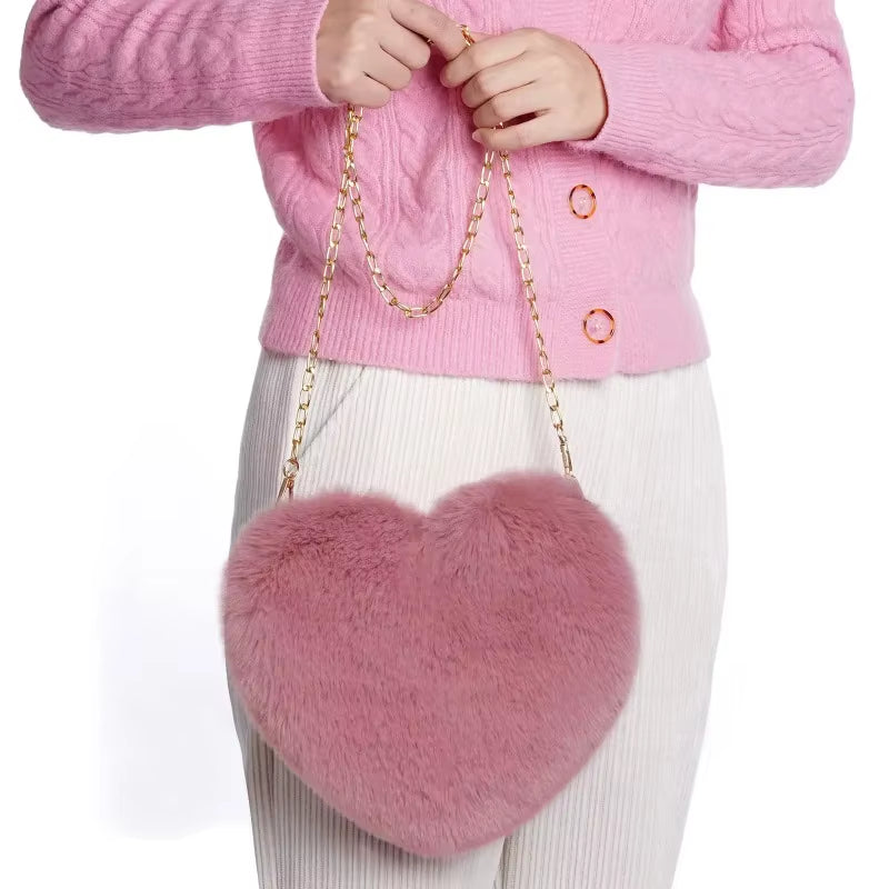 Faux Fur Heart Purse Fluffy Crossbody Bag Chain Shoulder Bag Fashion Cute Wallet Purse Women Lady Handbag Women Mini Bag